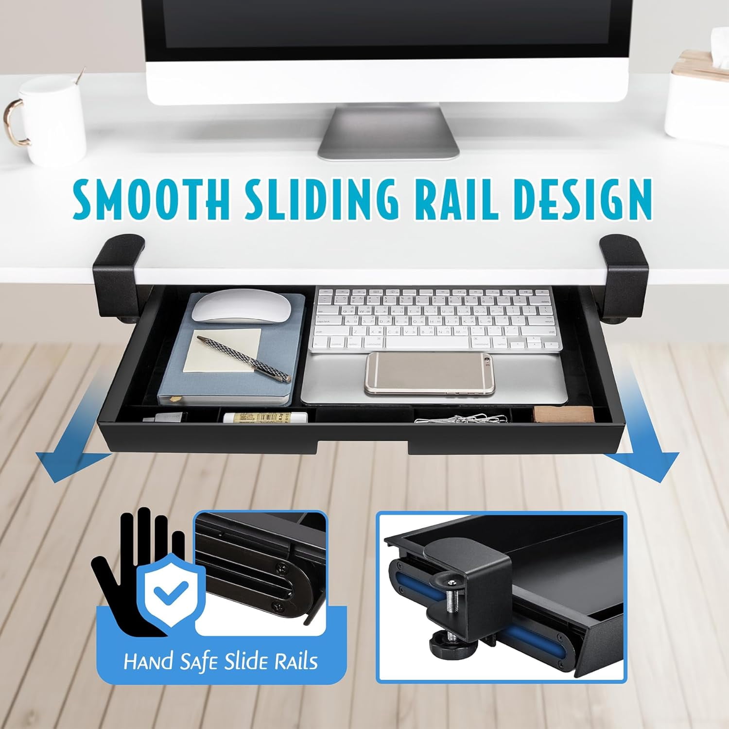 EHO Under Desk Slide-Out Storage Drawer, Large 20" x 11.8" Clamp-On Pull-Out Organizer with Adjustable Height, Space-Saving Tray for Office Supplies and Accessories