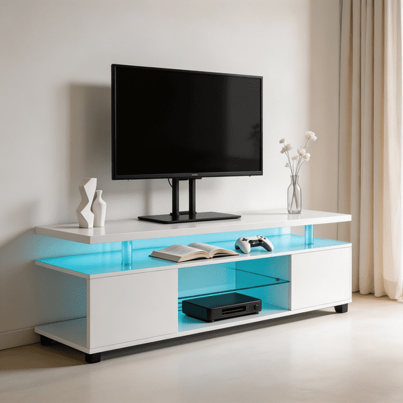 SAYGOGO 70 Inch TV Stand with LED Lights & Large Side Cabinet, Gaming Entertainment Center, White for Living Room