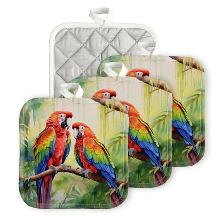 

Bahomeck Pot Holder 4Pcs Beautiful Parrots In The Rainforest Square Heat Resistant Hot Pads For Kitchen Cooking Oven With Hanging Loop Potholder Easy To Store