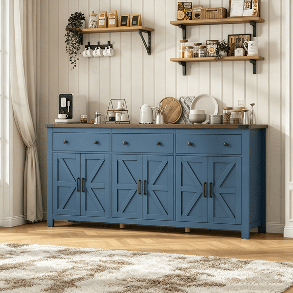Frmobepts 70.8"W Large Buffet Cabinet with Storage, Modern Farmhouse Sideboard with 6 Doors, Coffee Bar for Kitchen Dining Room Living Room, Blue