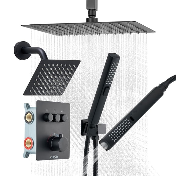 12 Inch Thermostatic Ceiling Mount Rainfall Shower System with 6 Inch Wall Head and 2-in-1 Handheld Spray