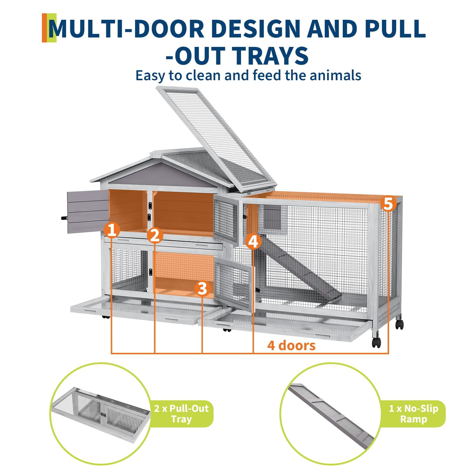 BouPower 2-Tier Rabbit & Chicken House with Wheel, Weatherproof Outdoor/Indoor Pet Cage with Non-Slip Ramp, 4 Access Doors & Pull-Out Tray for Rabbits, Guinea Pigs, Ferrets