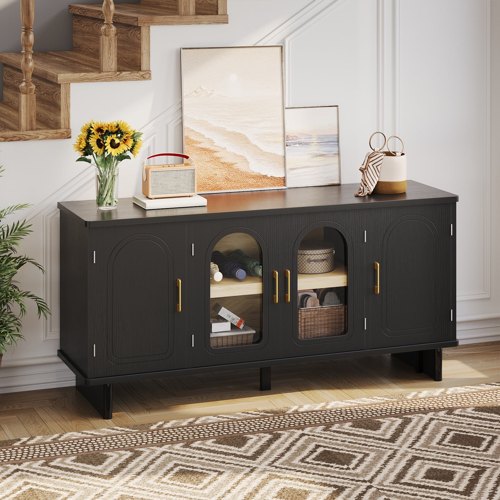 Bestier Mid-Century Modern TV Stand for 65 inch TVs, 4-Door TV Cabinet,TV Console Table with Glass Doors,TV Stand with Storage for Living Room/Dinning Room/Entrance Way/Coffee Bar,Black