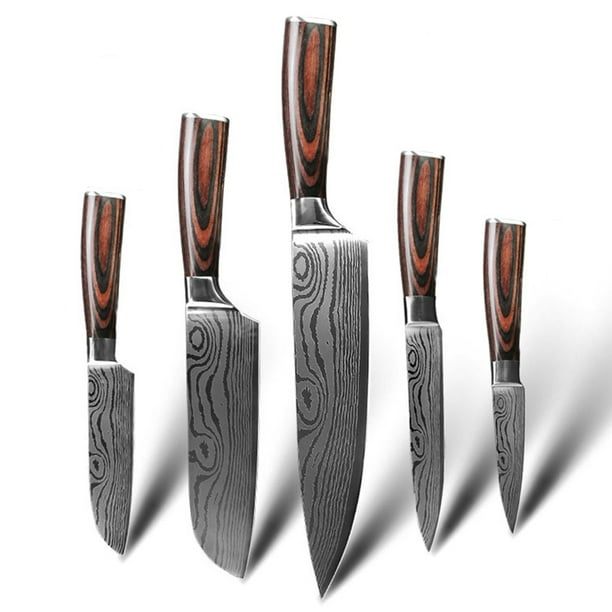 Cuchillo de Chef Japonés, Cuchillos de Cocina Profesionales de 5 Piezas, Cuchillo para Cortar de Acero Inoxidable con Alto Contenido de Carbono y Mango de Madera de Pakka Roja