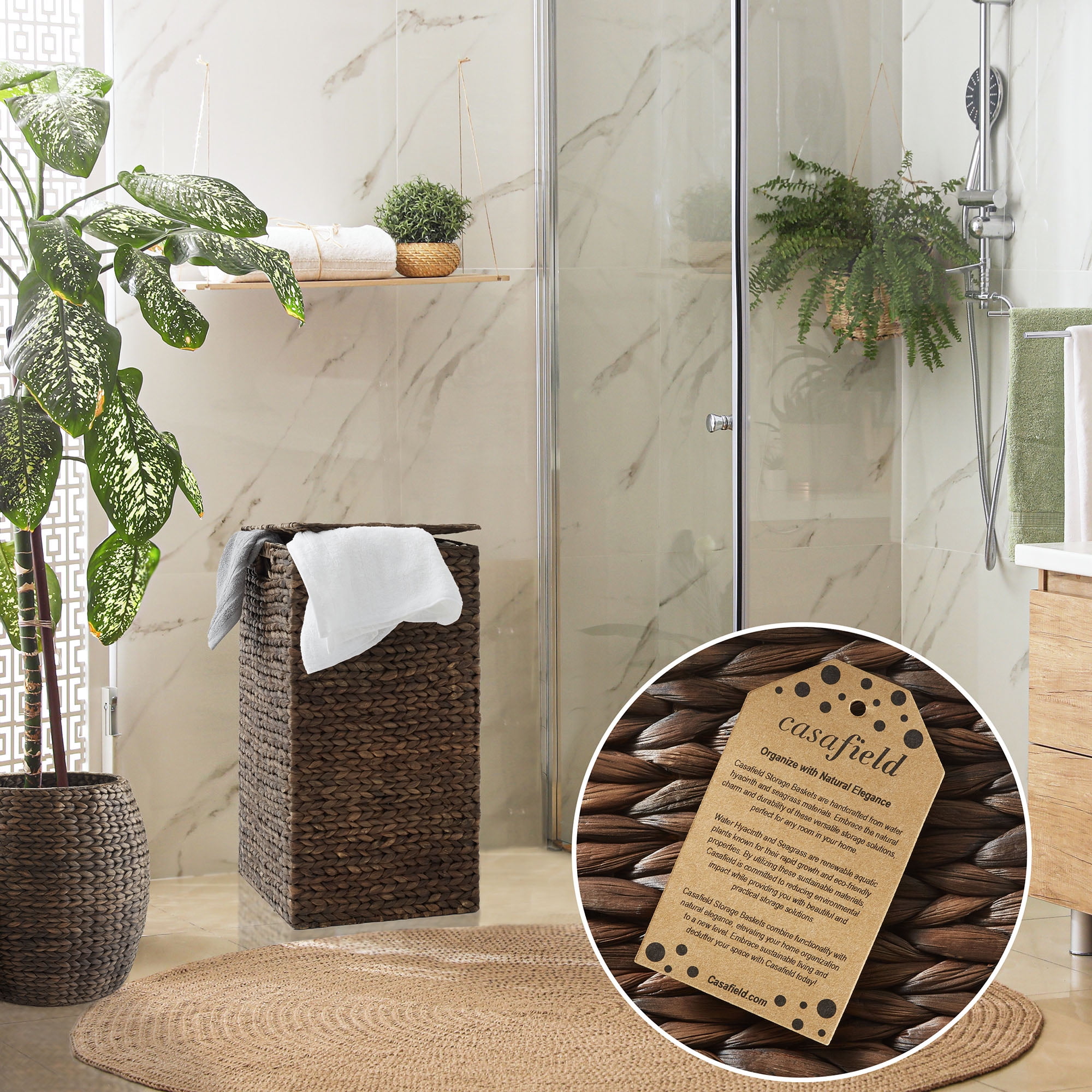 Casafield Laundry Hamper with Lid and Removable Liner Bag - Espresso Dark Brown, Woven Water Hyacinth Square Laundry Basket for Clothes