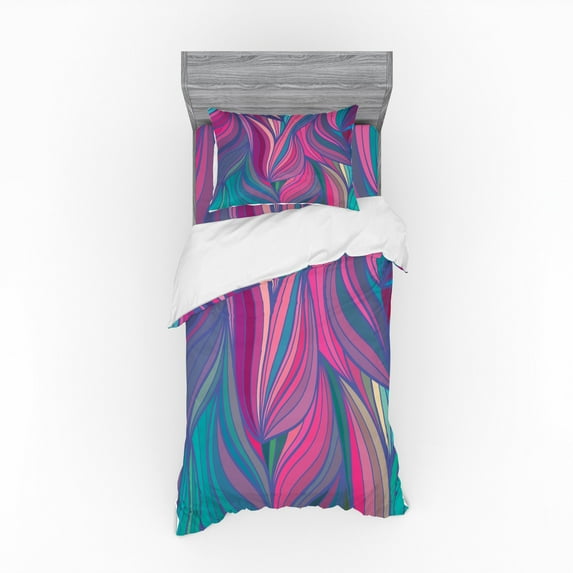 Ambesonne Abstract Bedding Set 3 Pcs, Curved Stripe Pattern Wavy, Twin XL, Multicolor