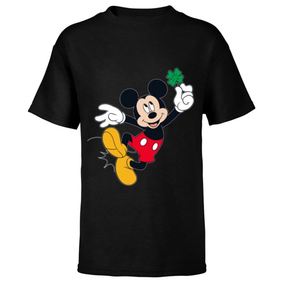 Disney Mickey Mouse Lucky Four-Leaf Clover St. Patrick's Day - Short Sleeve T-Shirt for Kids - Customized-Black
