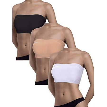 

3 Pieces Women Bandeau Bra Padded Strapless Brarette Soft Bra Seamless Bandeau Tube Top Bra Assorted Sizes (Black White and Nude Color