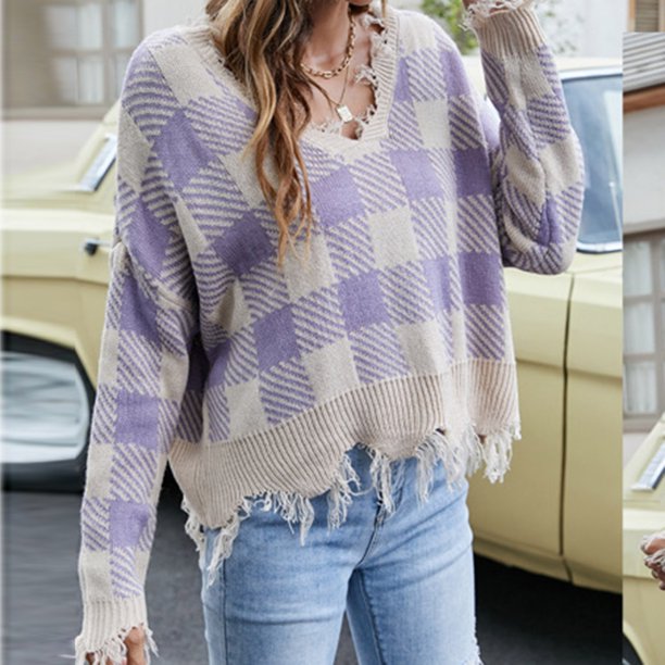 ICHUANYI Clearance Women's New V-Neck Checkered Print Pullover Loose Short Sweater Tassel Knit 2023 ICHUANYI "ICHUANYI"