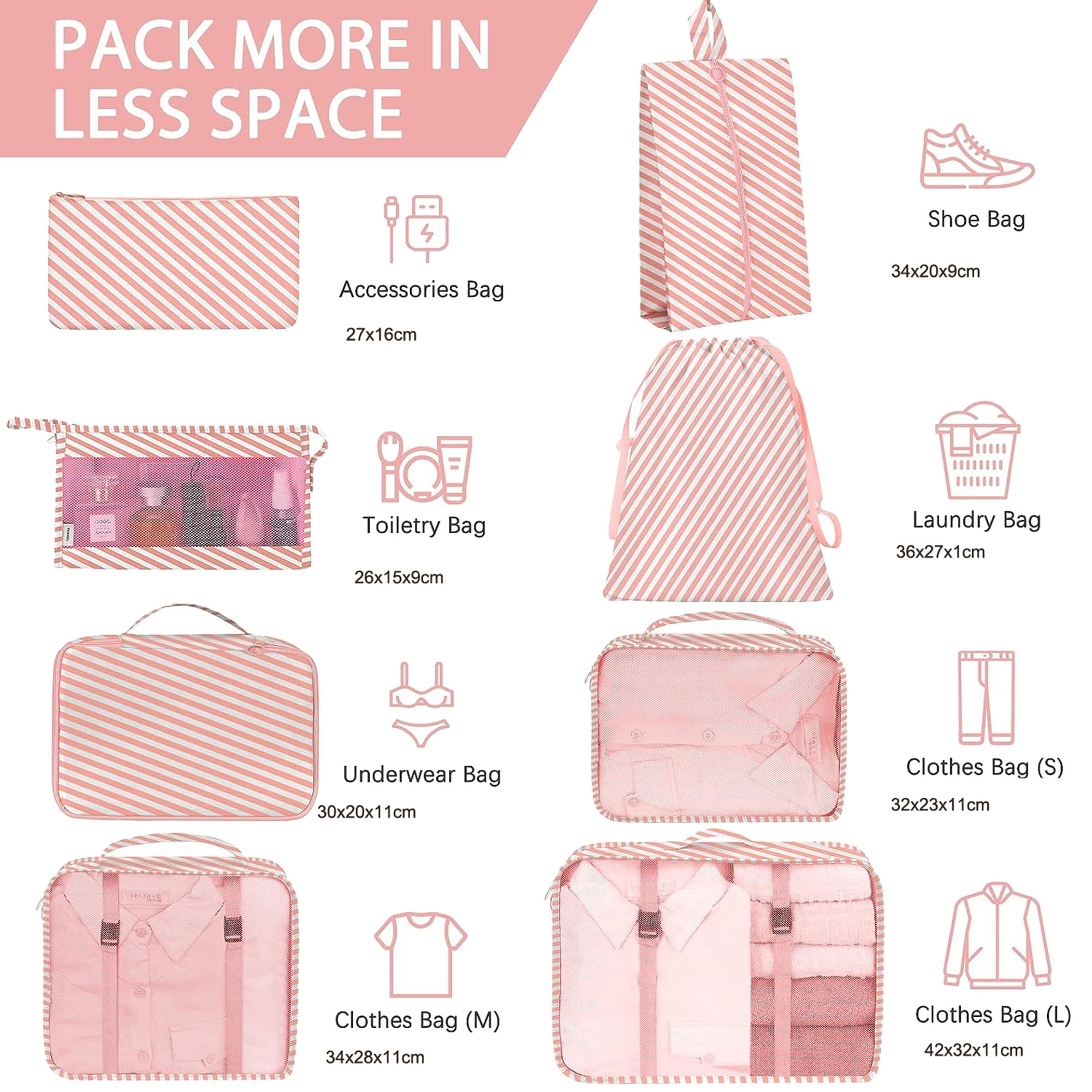 lEPECQ Packing Cubes for Travel, 8Pcs Travel Cubes Set Foldable Suitcase Organizer Lightweight Luggage Storage Bag, Pink