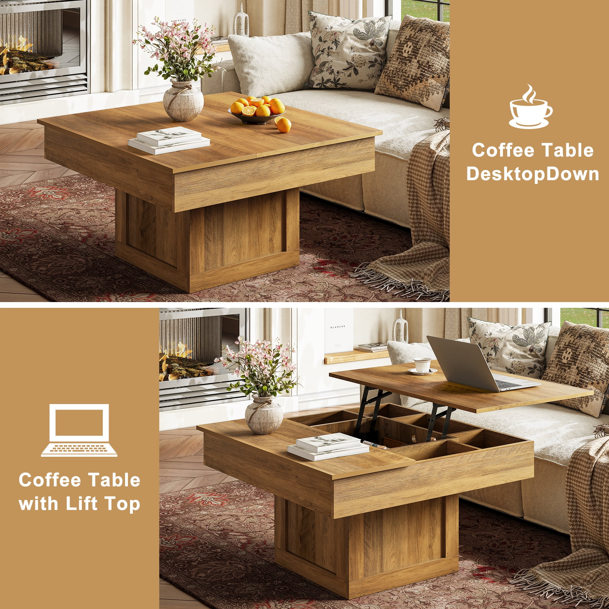 GUNAITO Lift Top Coffee Table with LED Lights, Modern Farmhouse Center Table with Storage, 31.5''Hx31.5''Wx19''D, Light Brown