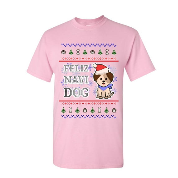 Tee Hunt Feliz Navi Dog Ugly Sweater T-Shirt Christmas Xmas Pet Paws Pup Mens Shirt, Light Pink, Large