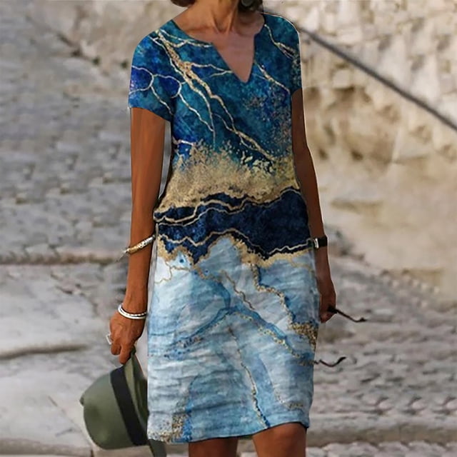SMihono Robe Bohème d'Été pour Femmes Grande Taille Robes à Manches Courtes pour Femmes Mode Fleurs Imprimées Robe Soleil Taille Col en V Robe Longueur Genou