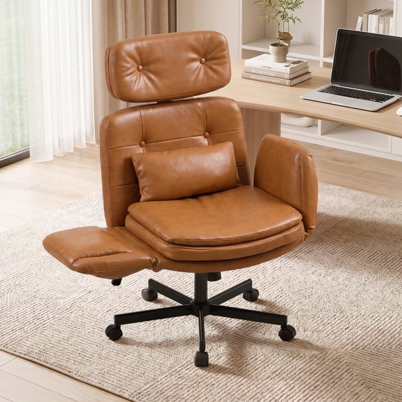 Big & Tall Office Chair with Flip-Up Armrests, Wide Seat, Reclining Ergonomic Desk Chair, Faux Leather Brown