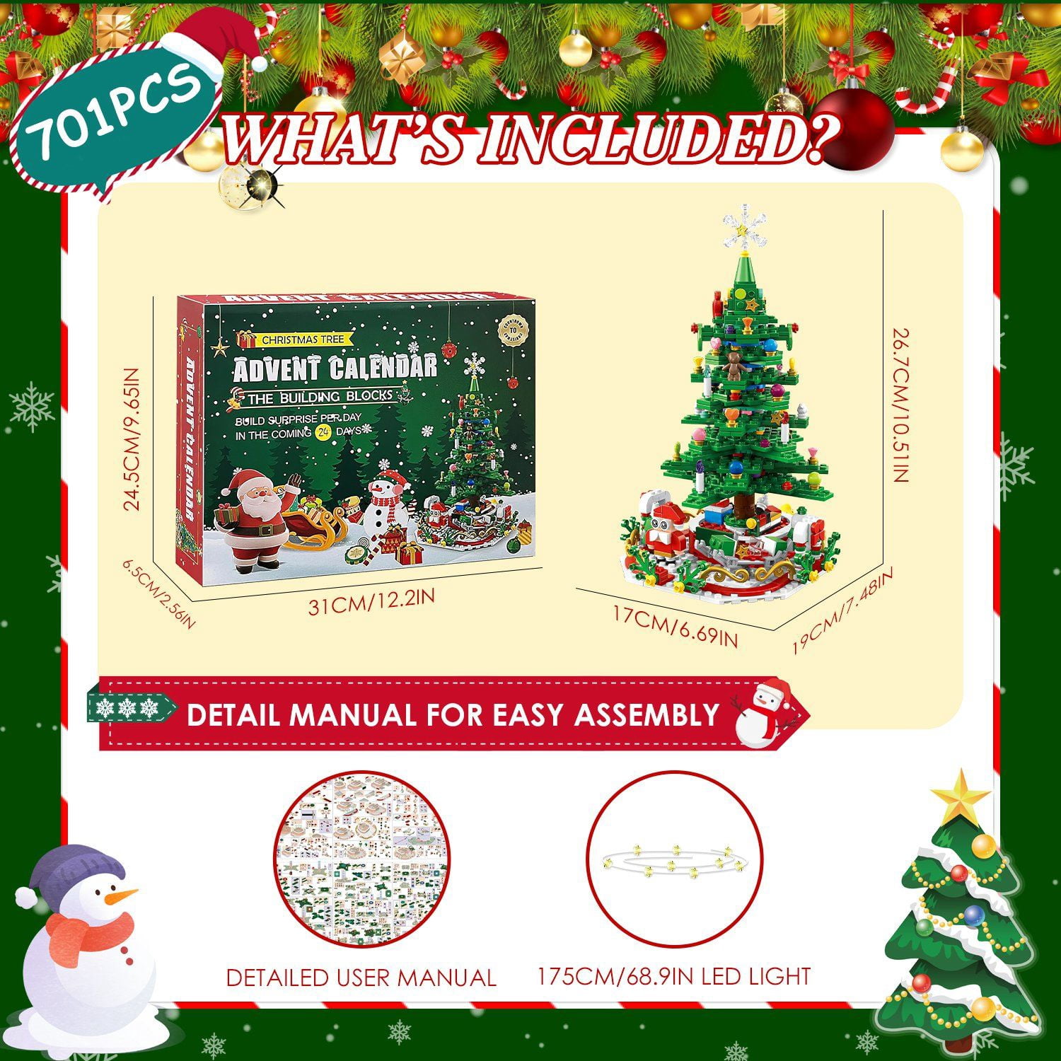 Christmas Tree Building Set, 701 Plastic Pieces, 24-Day Countdown Calendar, 30 USB LED Warm Lights, Santa, Ornaments, Snowflake Topper, Educational Toy for Kids 3-6, Festive Tabletop Decor