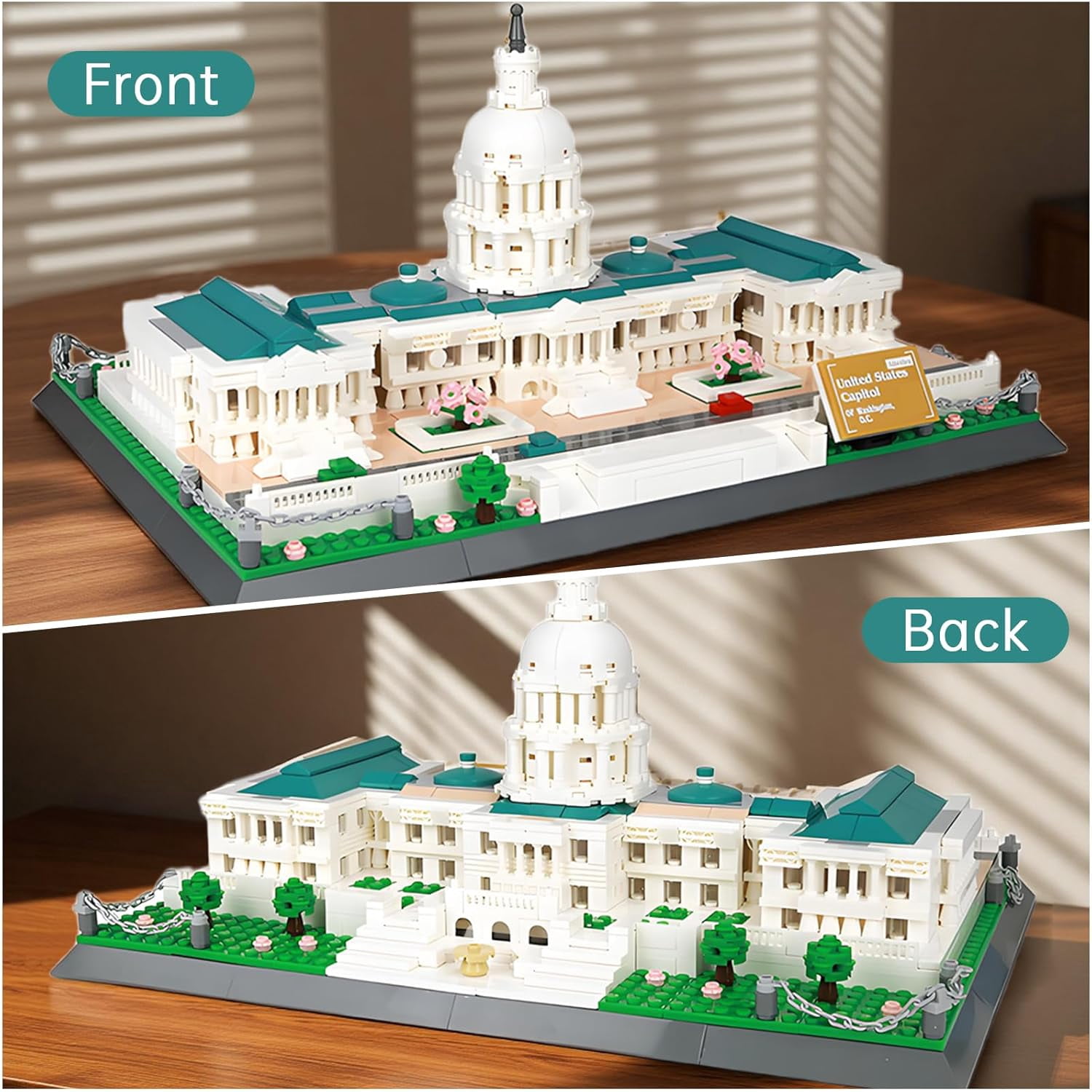 United States Capitol Building Blocks Set 1074 Pieces Washington D.C. Architecture Model Kit with Nameplate & Chain Fence USA Landmark Souvenir Gift Construction Toy