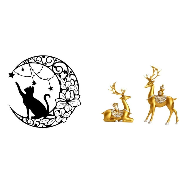 Escultura De Pared De Metal Con Forma De Gato Y Luna, Ideal Como Decoración Para Amantes De Los Gatos Negros, Con Figuras De Ciervo, Reno Y Alce, Ideal Como Regalo Para Estantería O Escritorio.