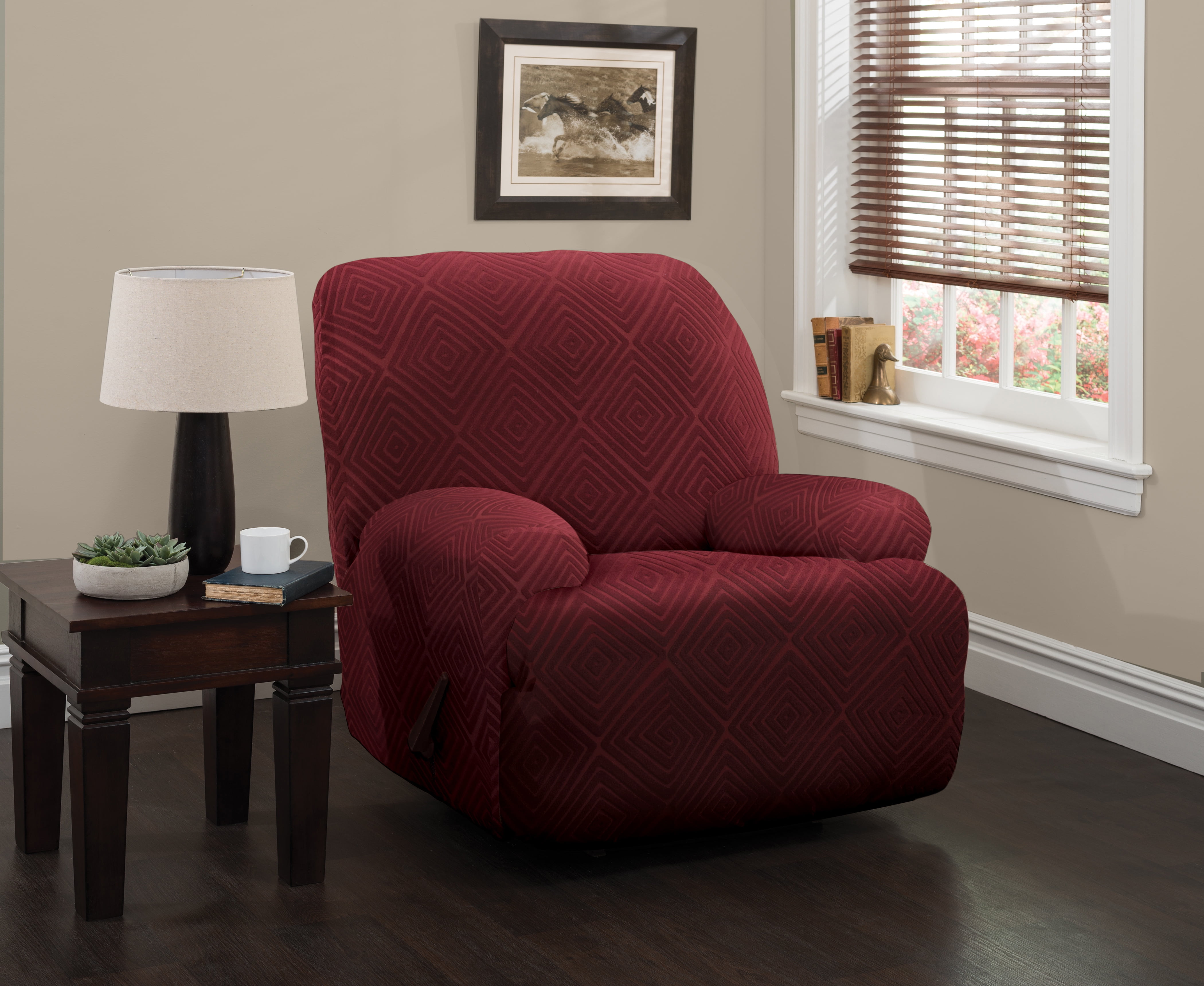 Stretch Sensations 4-Piece Stretch Shapely Diamond Jumbo Recliner Slipcover, Burgundy