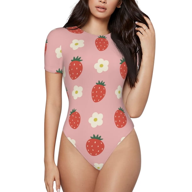Balery Strawberry Body de cuello redondo de manga corta para mujer Tops de manga corta Tops básicos-Large