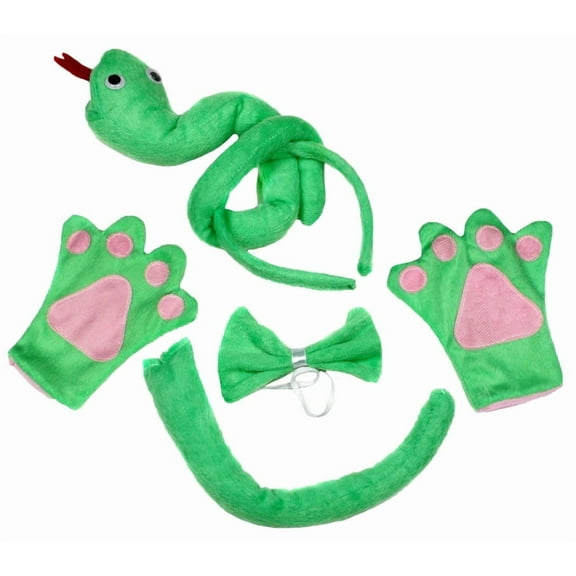 Petitebelle Cutie Snake Headband Bowtie Tail Glove 4pc Costume (Green, 1-4 Years)