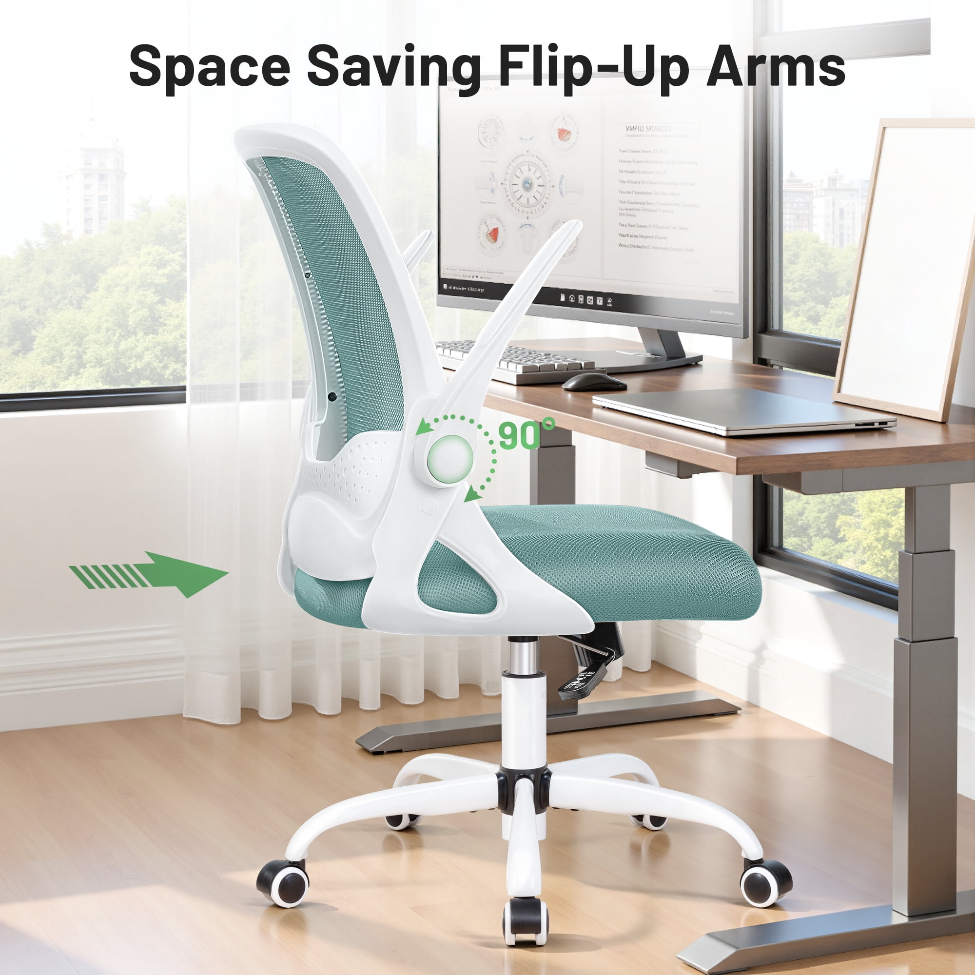 ATHOPE Office Chair, Ergonomic Desk Chair with Lumbar Support Adjustable Height Swivel Wheels Flip-up Arms Mesh Computer Gaming Chair for Home Office, Green