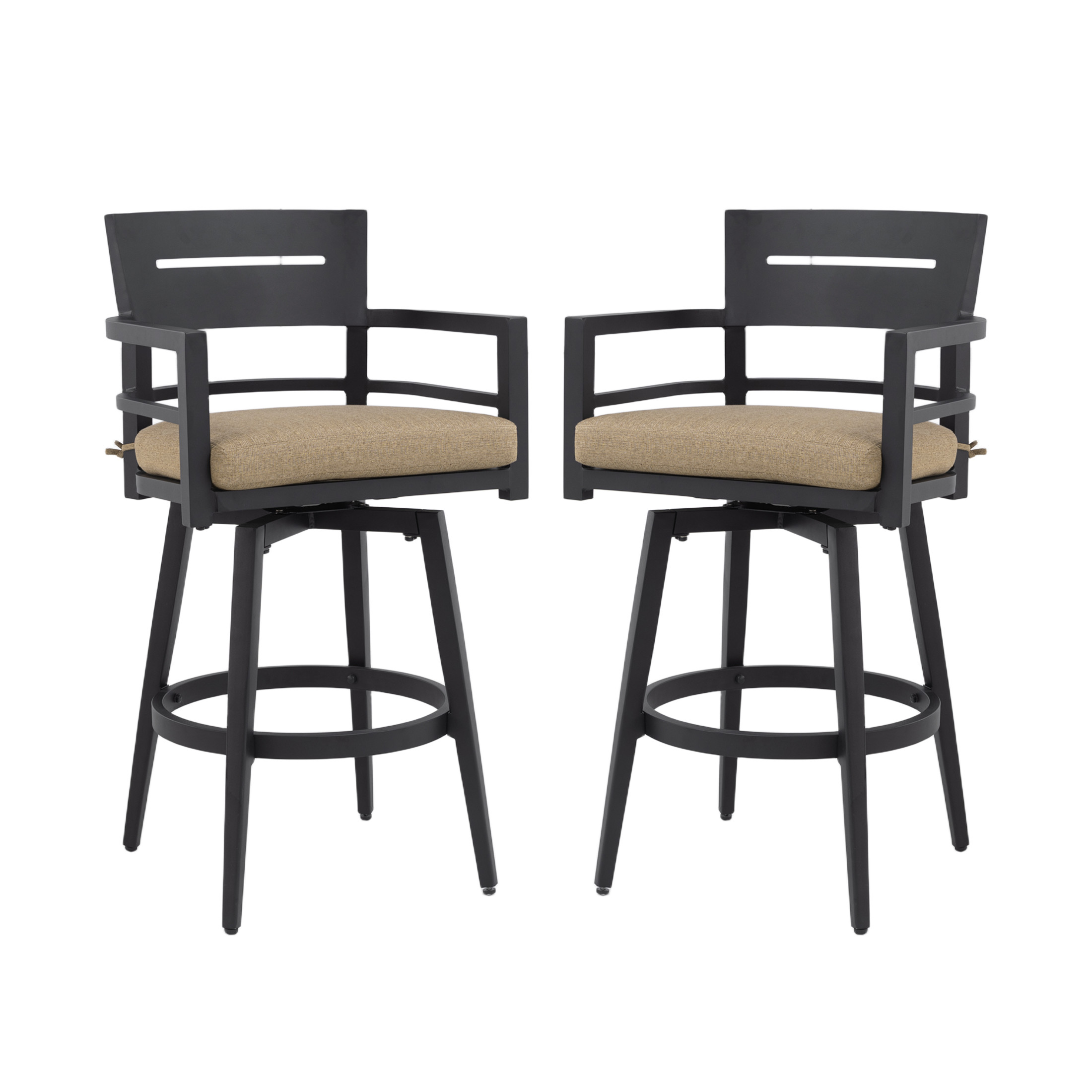Noble House Aluminum 360° Swivel Bar Chairs, Ergonomic Backrest, Sunbrella Linen Sesame, Ember Black, Set of 2