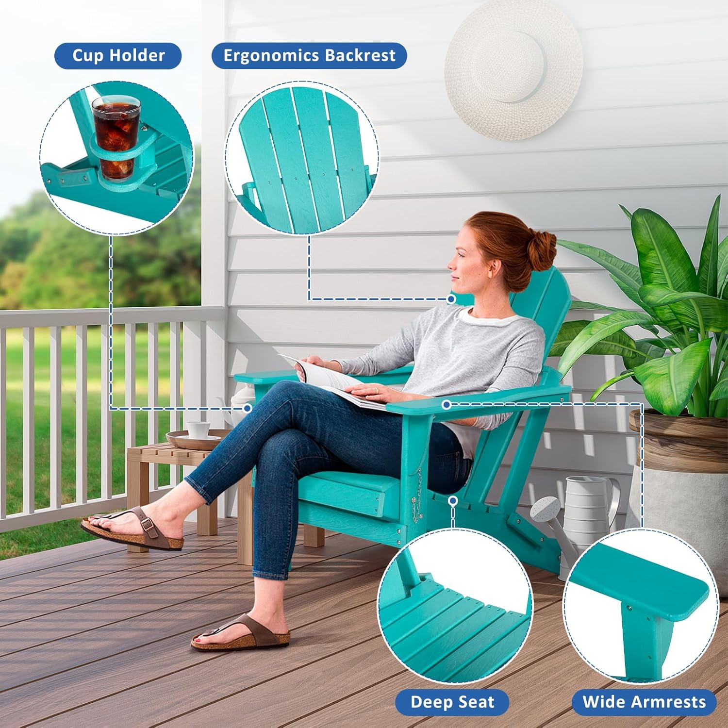Nalone Folding Adirondack Chairs with Cushion with Cup Holder, HDPE Plastic Oversized Patio Chair Weather Resistant(Aruba)