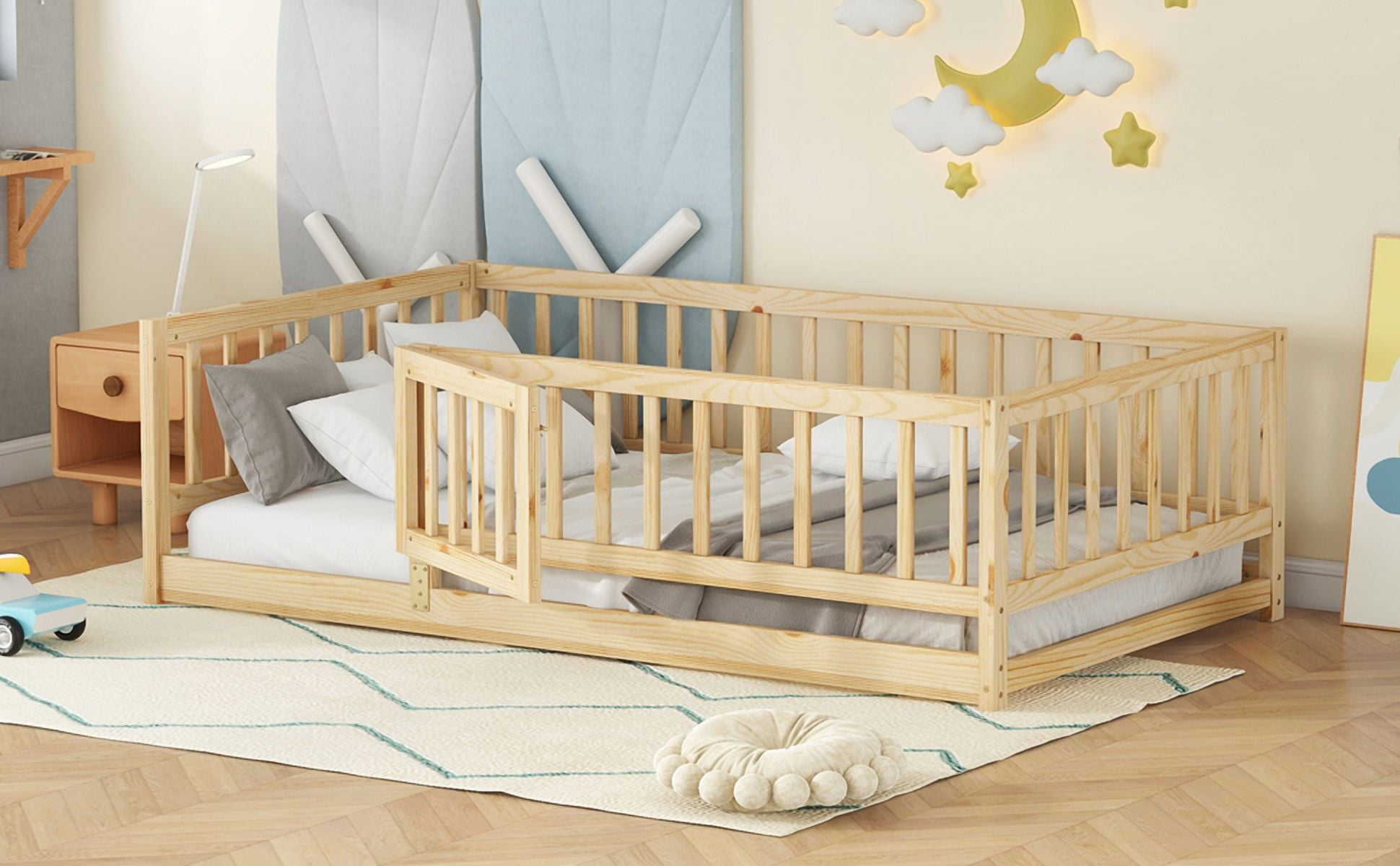 Twin Size Floor Bed with Slats, Montessori Style with Fence & Door, Solid Wood Construction, Oak