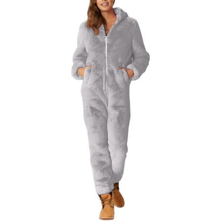 

FZM Winter coats for women Women s Artificial Wool Long Sleeve Pajamas Casual Solid Color Zipper Loose Hooded Jumpsuit Pajamas Casual Winter Warm Rompe Cute Sleepwear