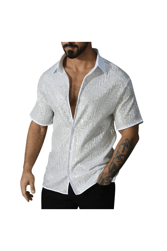 Fashion Men's Sequin Glitter Shirt Short Sleeve Button Down Disco Party Stage Costume 70s Vintage Club Night Out Shiny Top White L