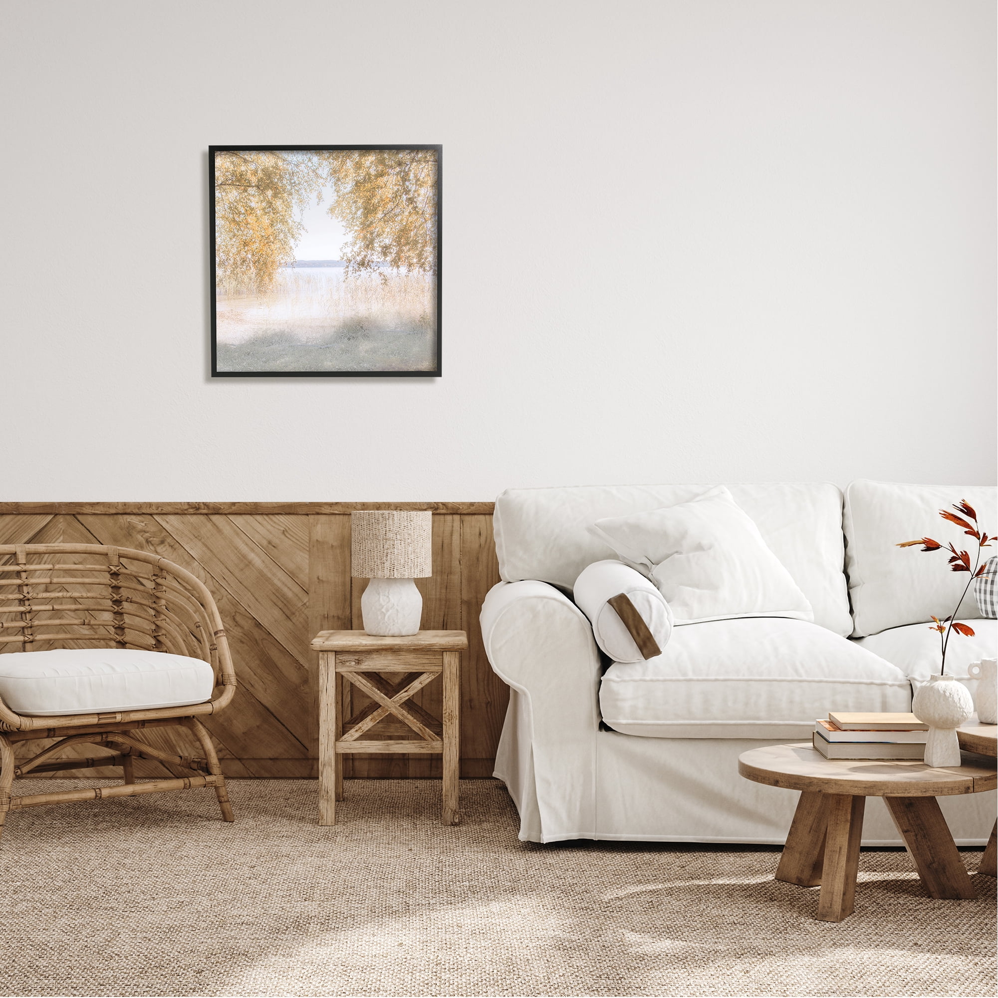 Stupell Industries Lake Shore Yellow Foliage Trees Distant Mountains Framed Wall Art, 24 x 24, Design by Irene Weisz