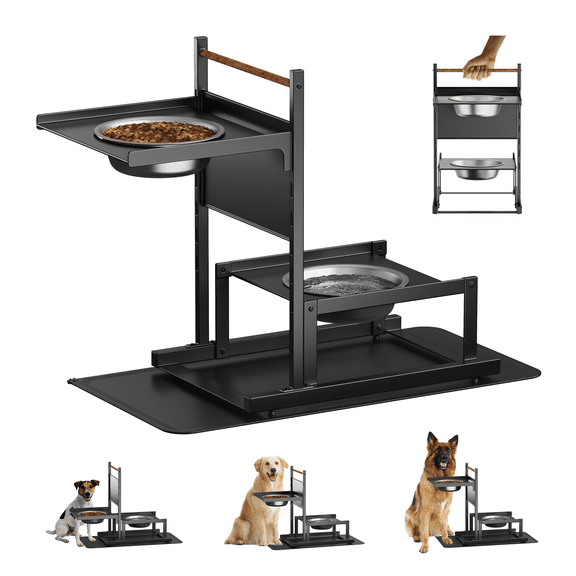 Metal Raised Dog Bowl Stand for Dogs, Elevated Dog Bowls with Sprill Proof Mat,Pet Food & Water Bowls,Dog Bowl Adjusts to 6 Heights (6.9" to 14.2") for Medium and Large Dogs,Black