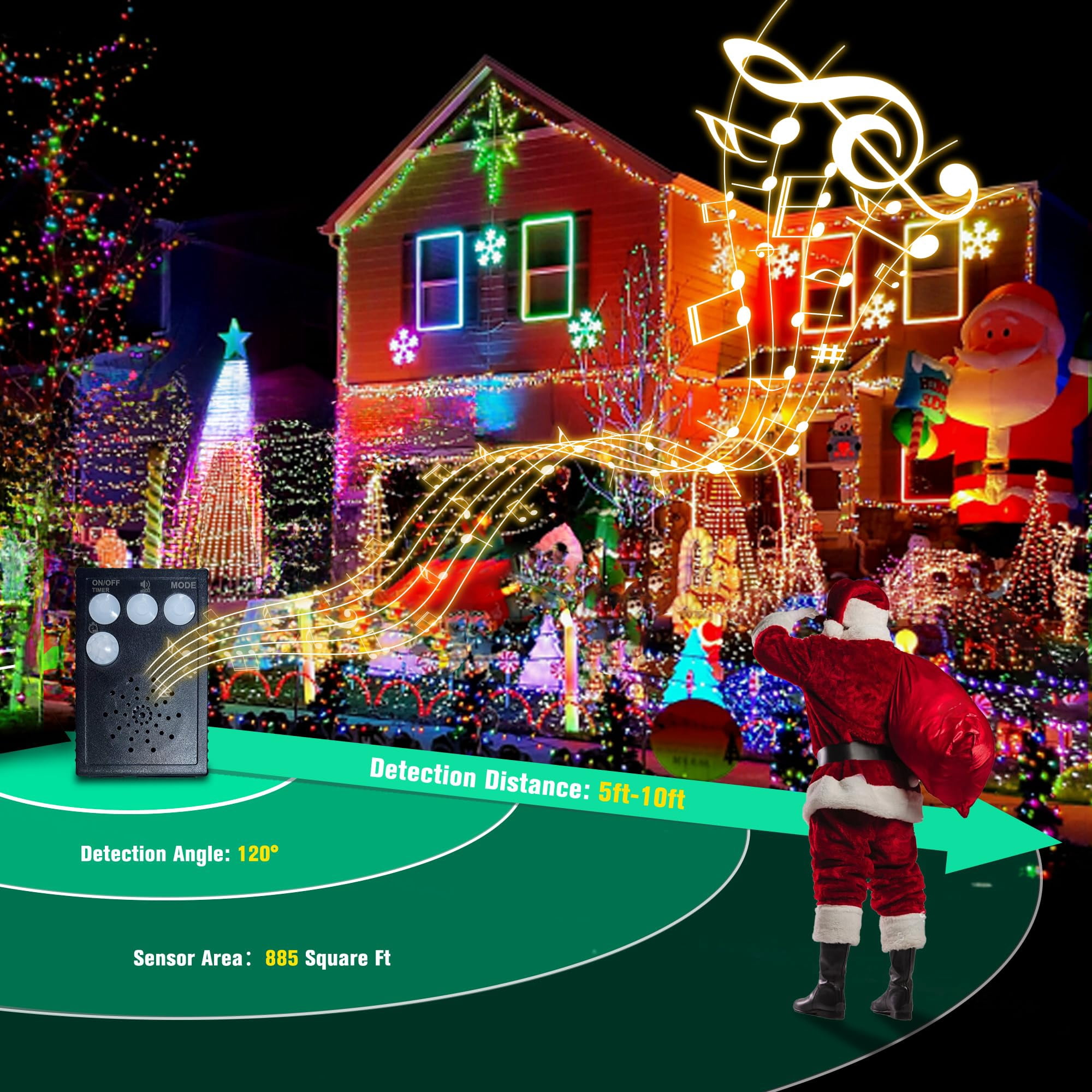 Christmas Lights Outdoor, 82ft 200 LED Christmas String Lights with Music, Plug in Motion Sensor Waterproof Holiday String Light for Indoor Outdoor Home Party Tree Yard Decor