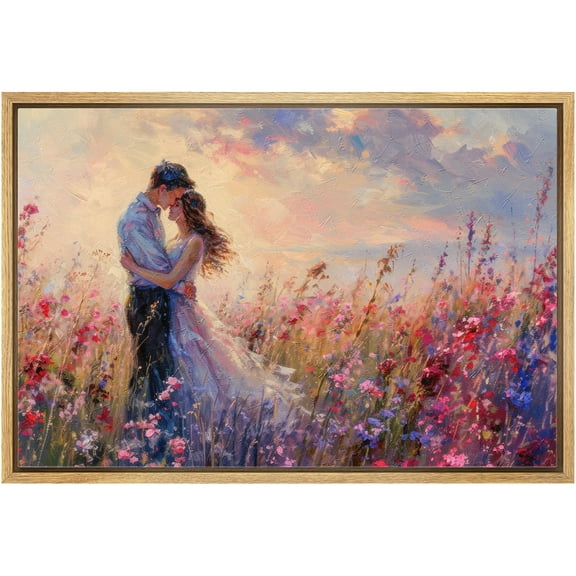 IDEA4WALL Framed Canvas Print Wall Art Romantic Twilight Embracing Couple in Flower Field Art Aesthetic Portrait & Wildflowers Wall Decor Calm/Relax/Zen for Living Room, Bedroom - Natural 16"x24"