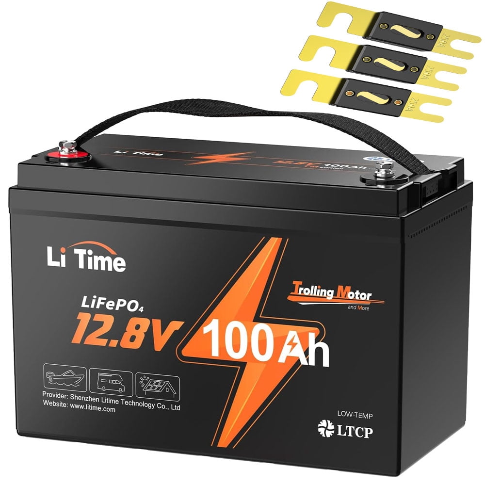 LiTime 12V 100Ah Lithium LiFePO4 Battery Low Temp Protection Trolling Motor with 3 Pcs 250A anl Fuse