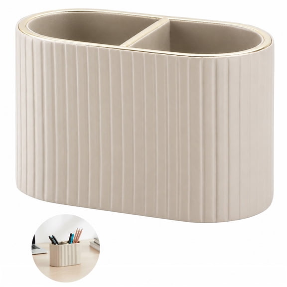 Ribbed Desk Caddy with Gold Accent,Multi-Compartment Pen & Accessory Organizer for Office & Vanity
