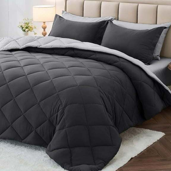 7 Pieces California King Comforter Set, Reversible Bed in a Bag Cal King Size, All Season Bedding Set with Comforter, Flat Sheet, Fitted Sheet, Pillowcases & Shams, Dark Grey & Light Grey