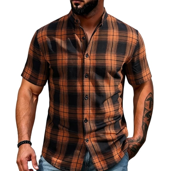 Kalauyu Mens Plaid Short Sleeve Shirt Stand Collar Button Down Casual Summer T Shirts Checkered Tops
