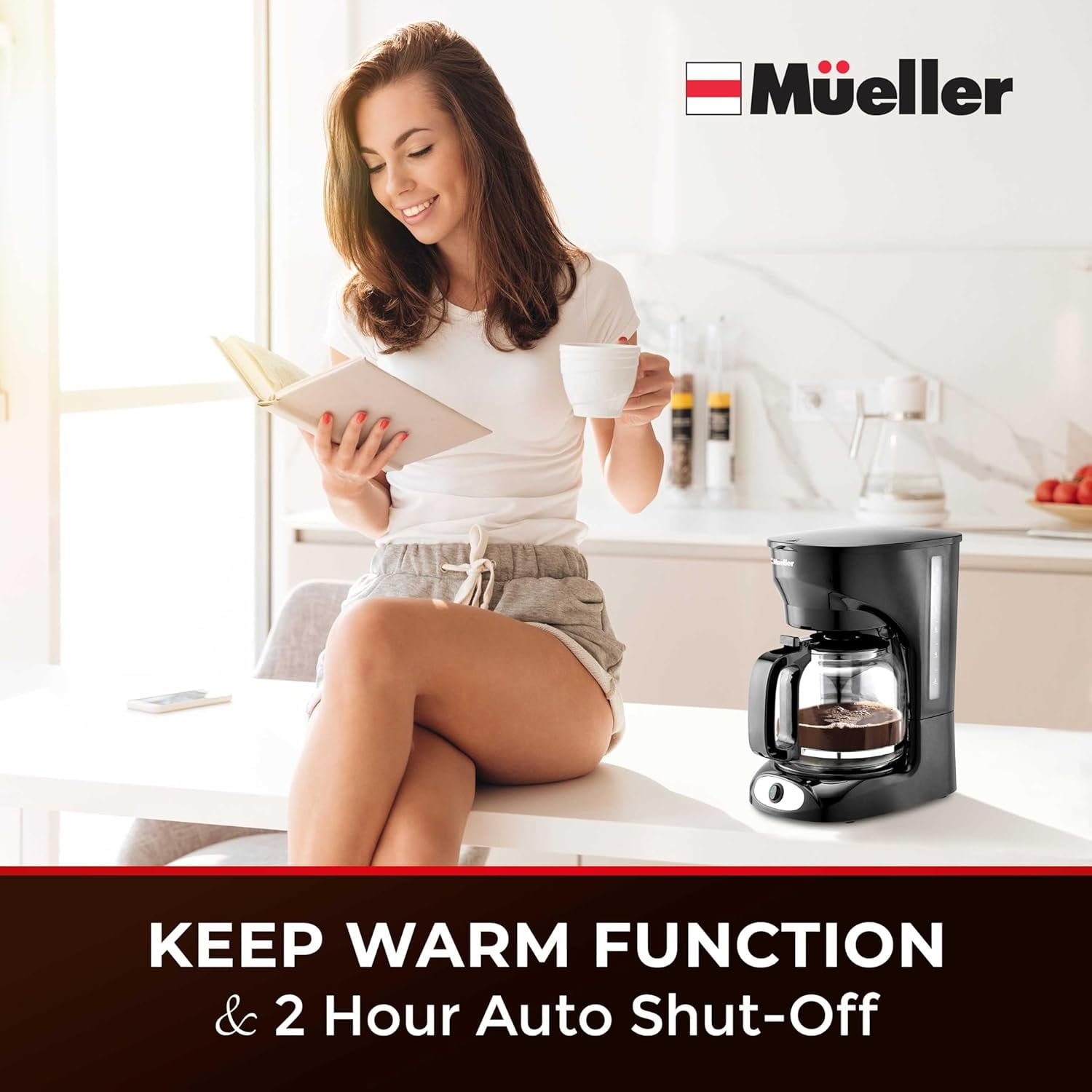 Mueller 12-Cup Drip Coffee Maker - Borosilicate Carafe, Auto-Off, Reusable Filter, Anti-Drip, Keep-Warm Function, Clear Water Level Window Coffee Machine, Ideal for Home or Office