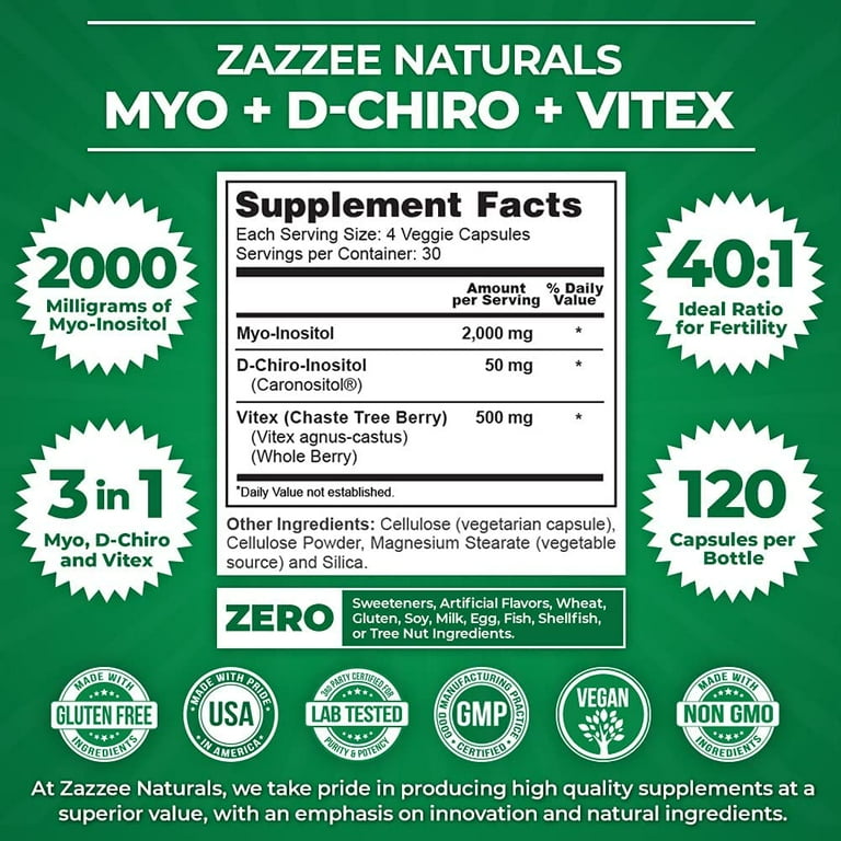 Zazzee Myo-Inositol + D-Chiro + Vitex, 120 Vegan Capsules