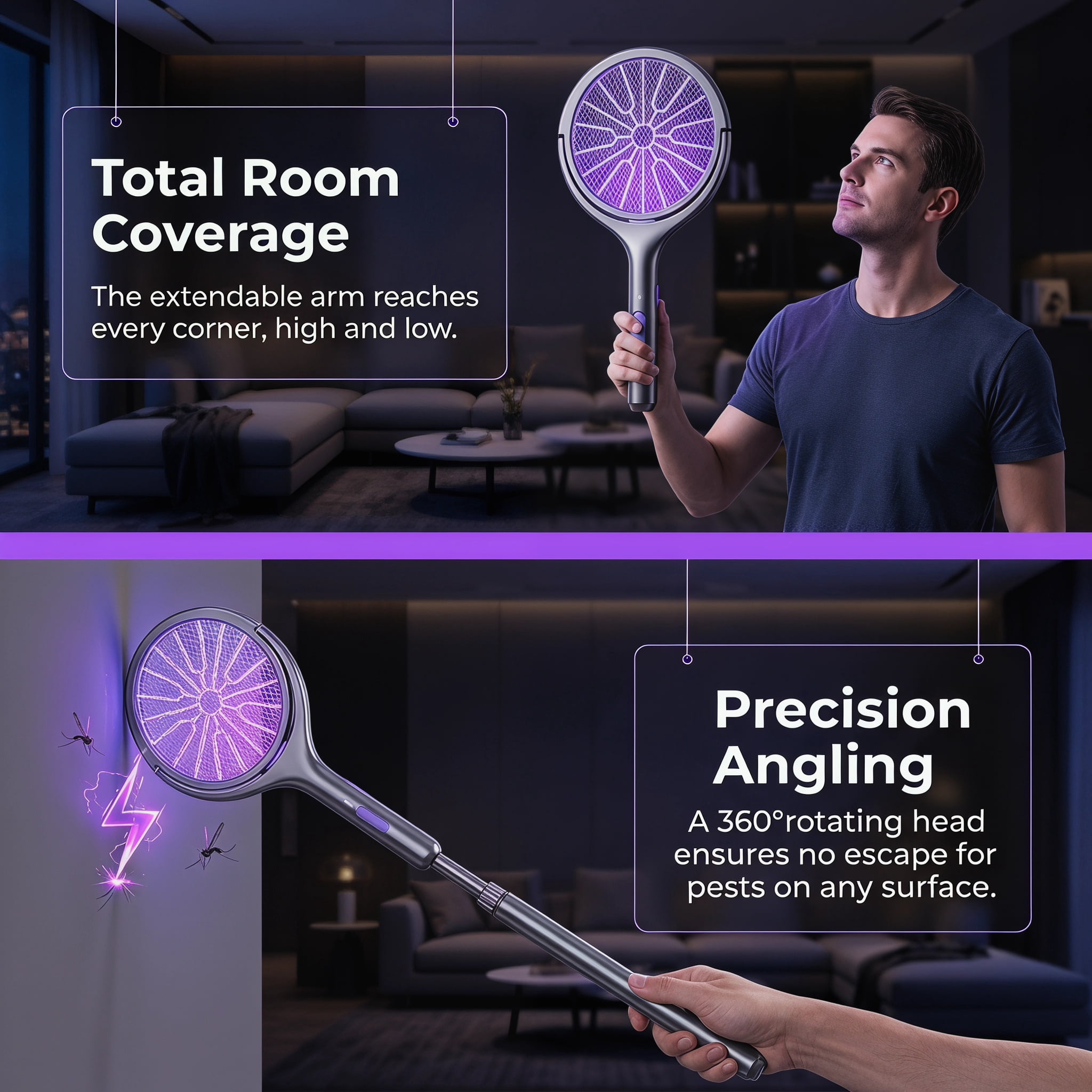 Rechargeable Electric Fly Swatter with Extendable Handle, 2-in-1 Electric Mosquito Swatter Bug Zapper, Portable Insect Killer for Home Garden Outdoor