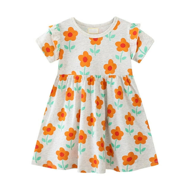 hengsof Robe Élégante à Manches Courtes Imprimée pour Filles, Robe d'Été en Coton Confortable et Décontractée pour Tenue Décontractée Ou de Fête, Convient de 2 à 7 Ans