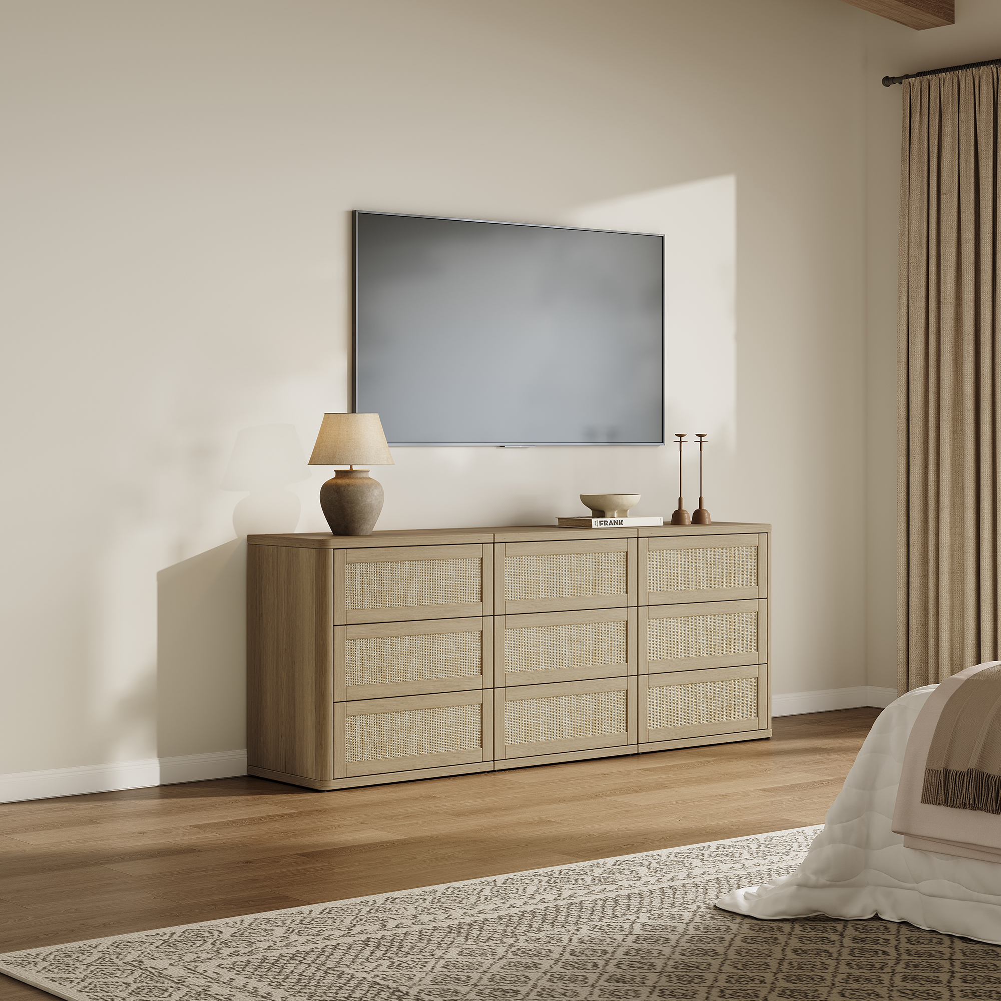 SICOTAS 103.4" Wide 12 Drawer Modular Rattan Dresser,Extra Long Dresser with Rattan Chric & Pop-up Drawers for Bedroom Living Room, Amber Oak