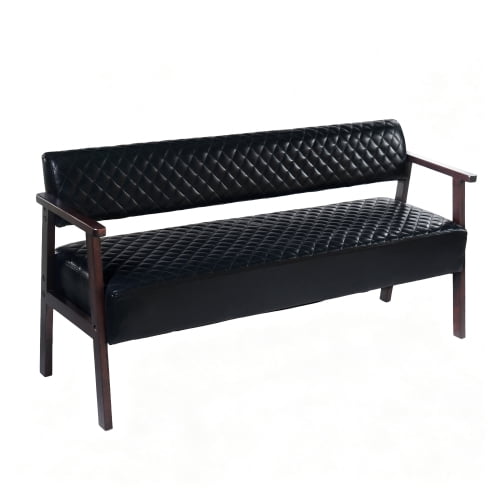 58.27" Diamond Quilted PU Faux Leather Waiting Bench with Wood Armrests, Upholstered Reception Bench for Salon Lobby Office, Black