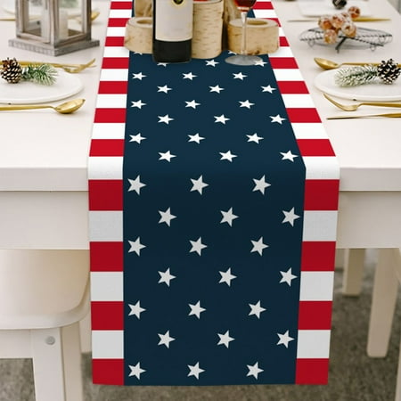 

[Left wind] July 4th Independence Day Cotton Linen Table Runner 13x70 Inch USA American Flag Day Theme Stars Red Stripe Table Runners for Dinning Table Holiday Farmhouse Dinner Kitchen Decoration