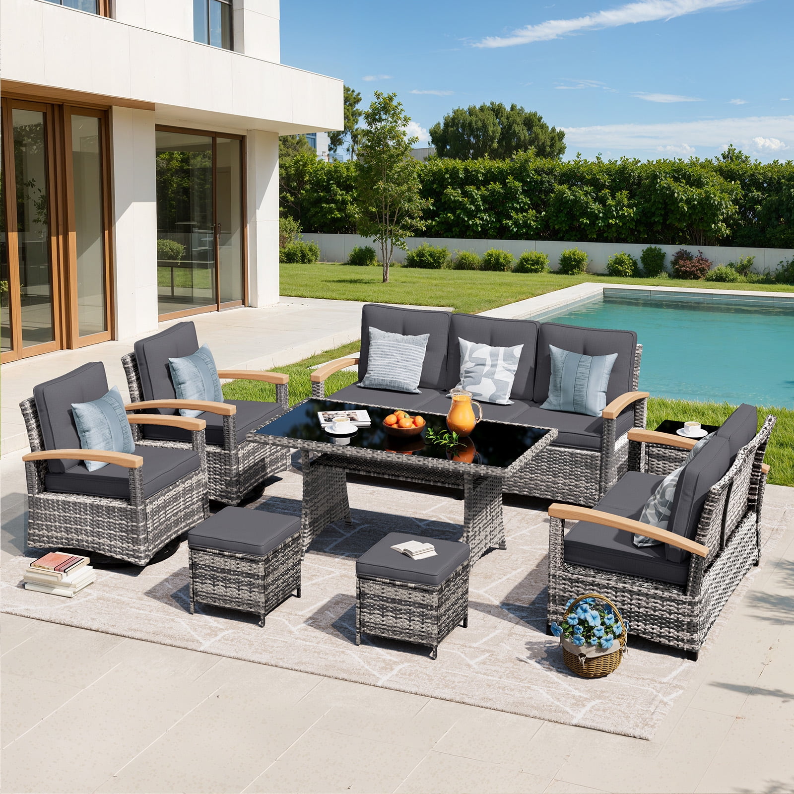 MEISSALIVVE 8 Pieces Patio Furniture Set with Dining Table, Outdoor Wicker Conversation Set with 3-Seat & 2-Seat Sofas, Wood Armrest Swivel Chairs, 2 Ottomans, Gray