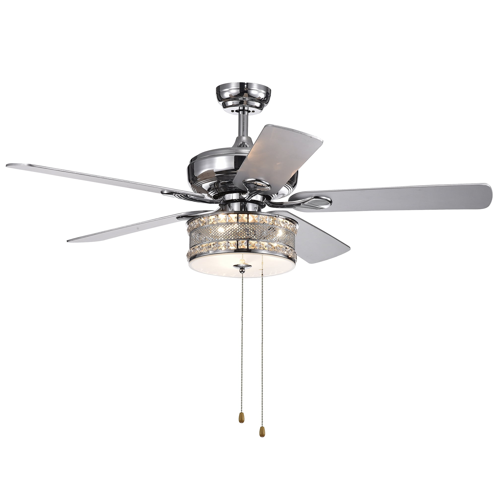 Chrome Finish Modern 52in Lighted Ceiling Fan with Crystal Shade Pull Chain 