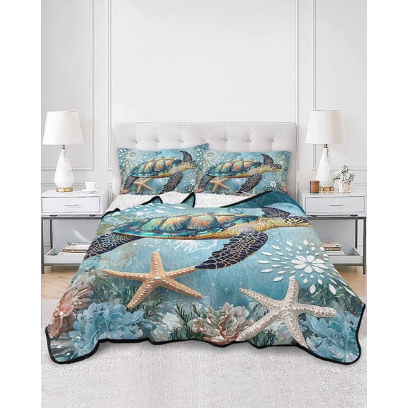 Quilts King Size, Coastal Sea Turtle Soft Comforter Bedding Set for Bed, Vintage Teal Nautical Beach Botanical Lightweight Quilted Bedspread with Pillow Cover(2 Pieces) for All Season, 96x106 Inch