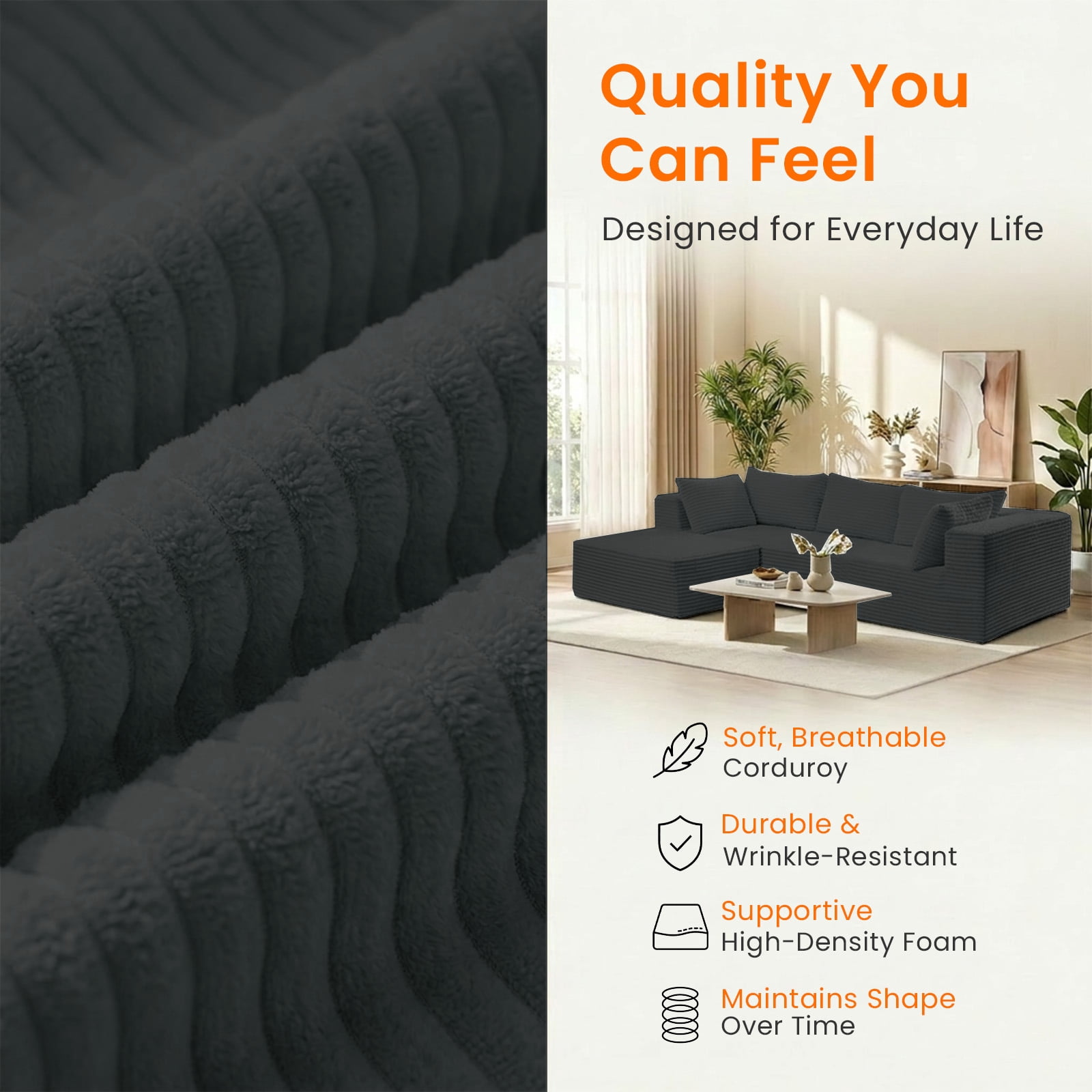 ZAFLY 110" Cloud Sectional Sofa, Modular Corduroy Deep Seat Couch, L Shaped Couches for Living Room - Black