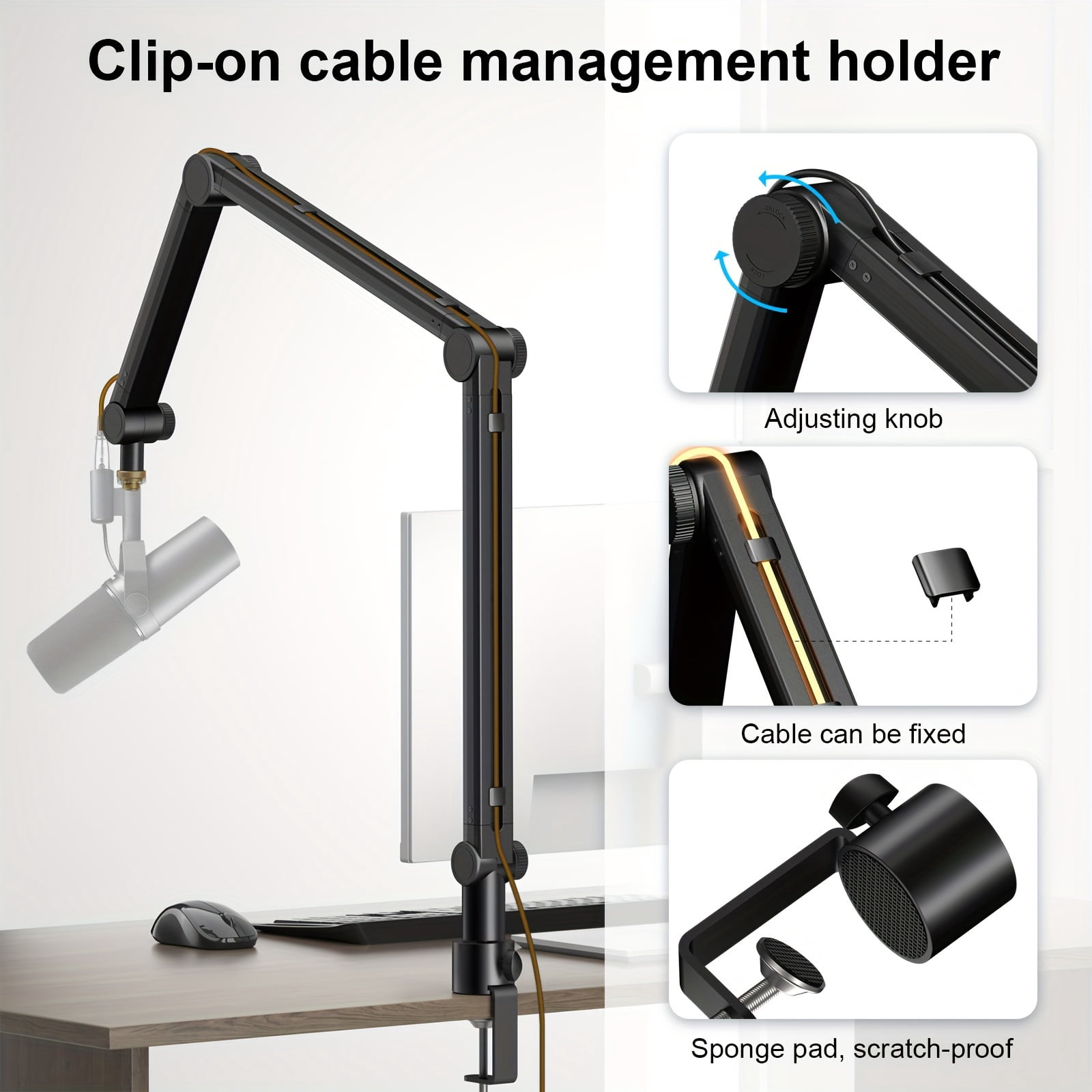 Adjustable Microphone Boom Arm with Cable Management, 3-Section Flexible Cantilever Bracket for Heavy Mics Like Blue Snowball, QuadCast, Elgato Wave - Desktop Clip Mount
